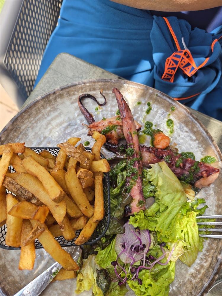 Poulpe grillé, frites et salade