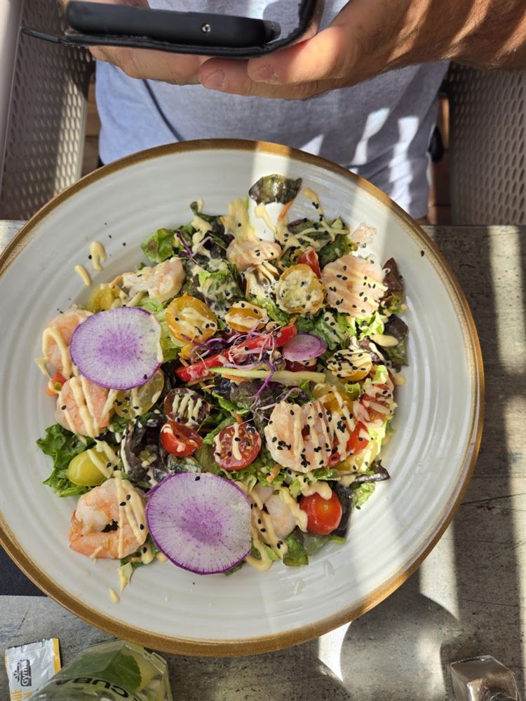 Salade de crevettes, tomates cerises, radis rose et graines de sésame